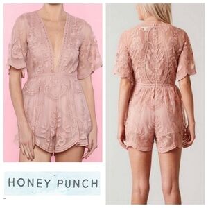 Honey Punch AS YOU WISH lace romper Deep V embroidered style Victorian shorts S